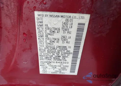 2005 Nissan Xterra S z USA, uszkodzony, nr VIN 5N1AN08W35C649503